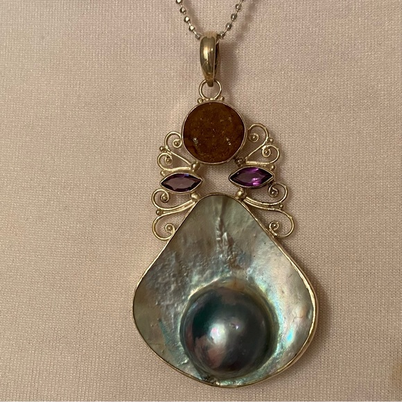 NECKLACE AGI STERLING SILVER BALL CHAIN 20” MABE BLISTER PEARL DRUZY ENHANCER - Picture 2 of 11